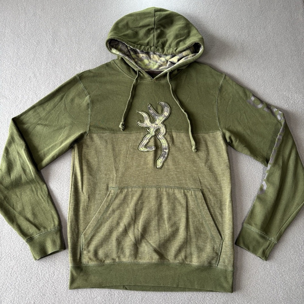 Browning Hoodie Mens S Green Buckmark Hunting Camo Lined Pullover Sweatshirt
